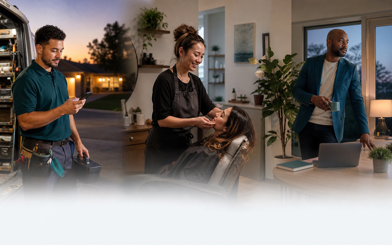 Three business owners serving customers while EveryHello keeps incoming enquiries moving